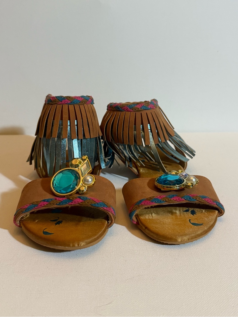 Disney Pocahontas Fringe Flat Sandals Velcro Strap Brown/Blue 13